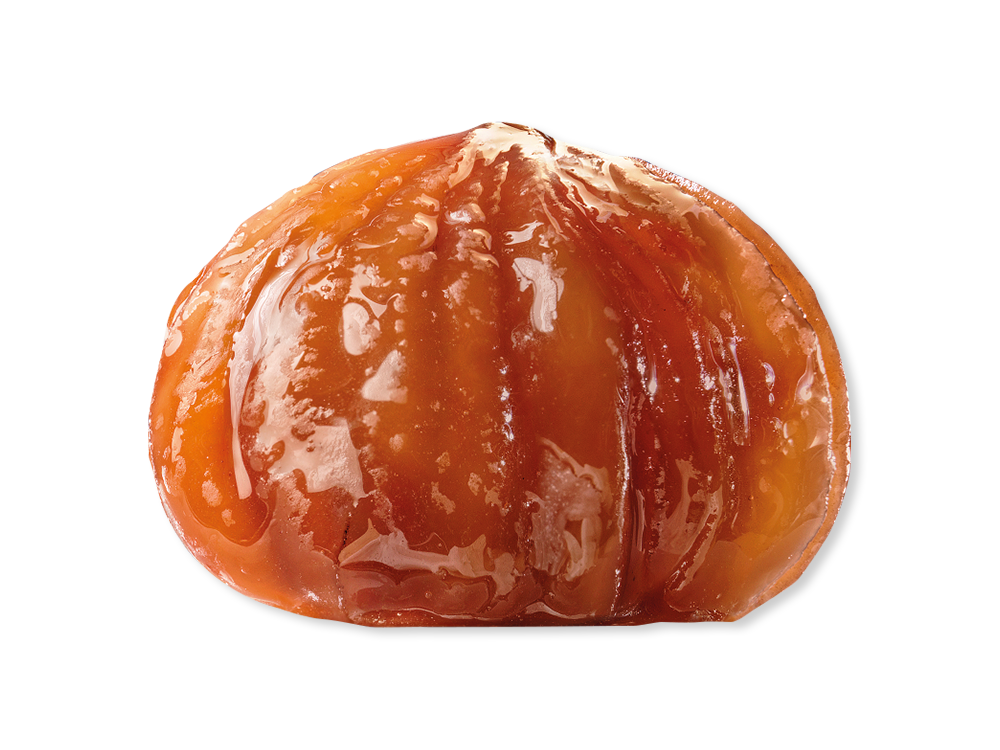 Un marron glacé lucido e glassato, con superficie brillante e texture dettagliate