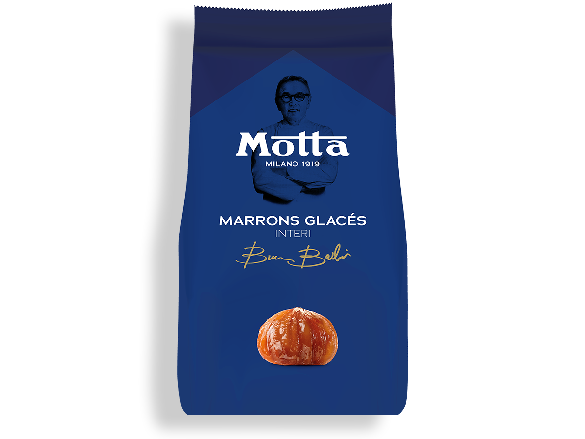 Pacchetto blu di marrons glacés interi con foto e scritta: Motta MILANO 1919. Firma dorata di Bruno Barbieri