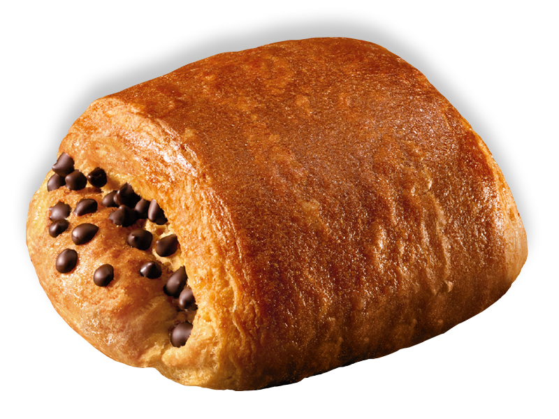 Pain au chocolat, iconica brioche con ripieno al cioccolato fondente. Il cioccolato si intravede nelle estremità della sfoglia, creando un effetto invitante e appetitoso